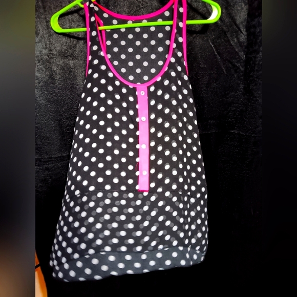 Tops - Sheer black polka dotted tank top with pink accents size medium